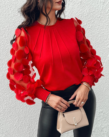 3D Polka Dot Appliques Mesh Long Sleeve Blouse Casual Shirred Cuffs Seam Front Top