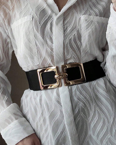 Wide Elastic Belt Fashion Square Gold Buckle Stretch Dress Belt Waistband