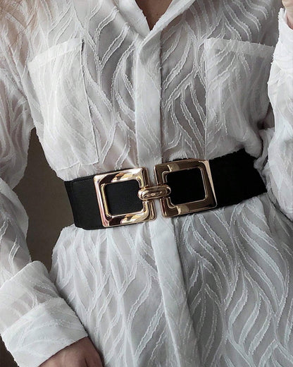 Wide Elastic Belt Fashion Square Gold Buckle Stretch Dress Belt Waistband