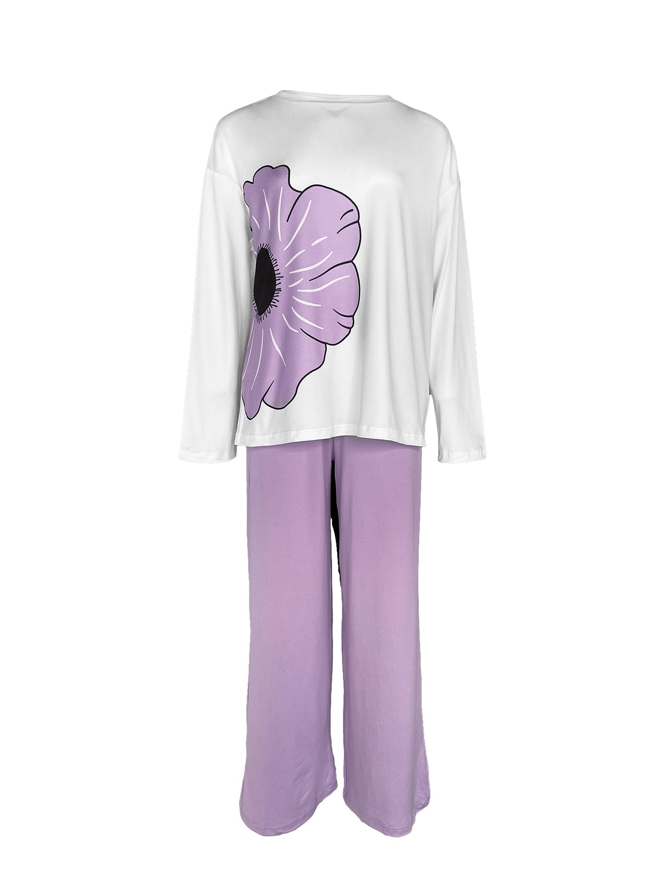2 Pieces Outfit Floral Placement Print Long Sleeve Drop Shoulder Top and Elastic Waist Pants Set Causal Pajamas Set