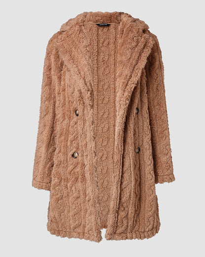 Cable Textured Lapel Neck Button Front Pocket Design Thermal Teddy Coat