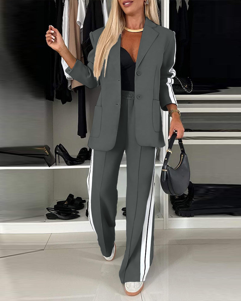 2 Pieces Outfit Notched Collar Single Breasted Pockets Design Coat and Elastic Waist Seam Front Wide Leg Pants Set Casual Contrast Side Striped Blazer Set