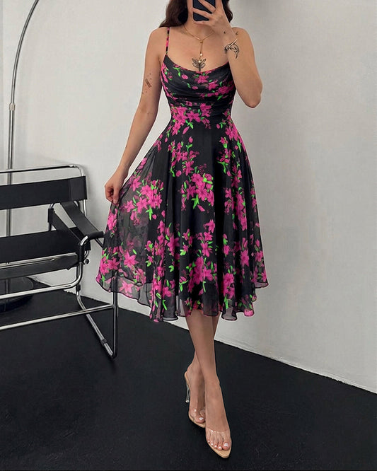 Women's Floral Print Cowl Neck Cami Dress High Waisted Sheer Mesh Overlay A-Line Dress Elegant Backless Flowy Party Dress