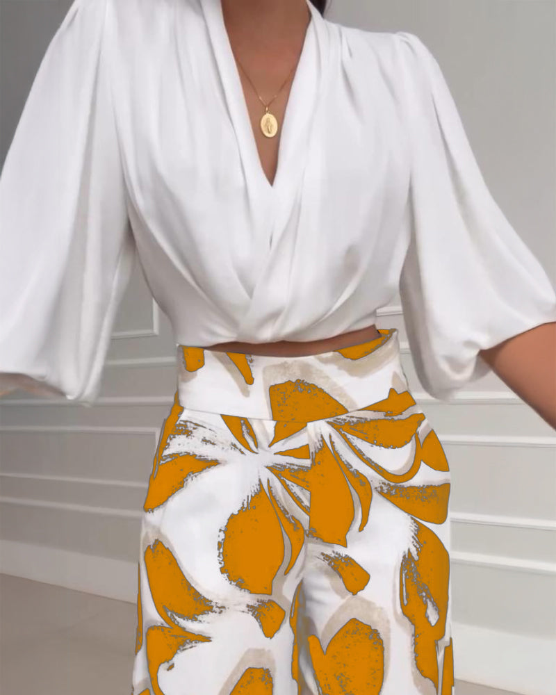2 Pieces Outfit Wrap Plunge V Neck Crop Blouse and Casual Floral Print Wide Leg Pants Set