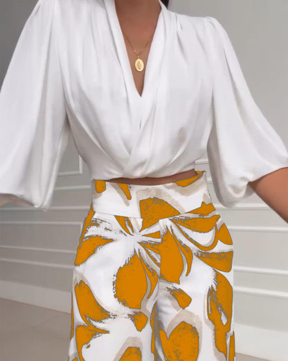 2 Pieces Outfit Wrap Plunge V Neck Crop Blouse and Casual Floral Print Wide Leg Pants Set