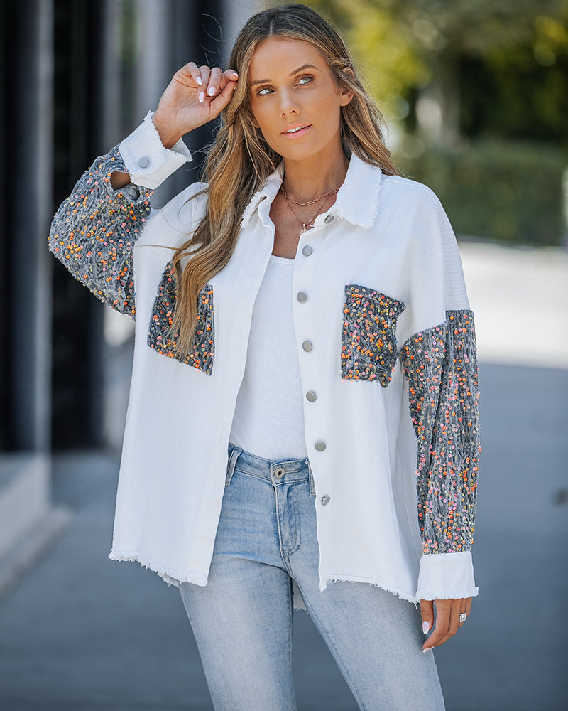 Casual Jacket Sequin Patchwork Long Sleeve Jacket Top Button Front Raw Hem Oversized Denim Shacket