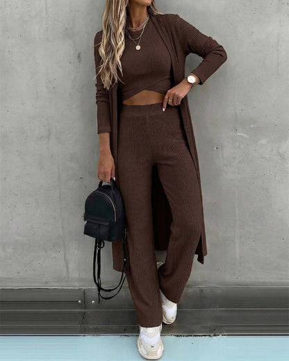 CHICMELIVE Women's 3 Piece Lounge Set Ribbed Cardigan Tank Wide Leg Pant
