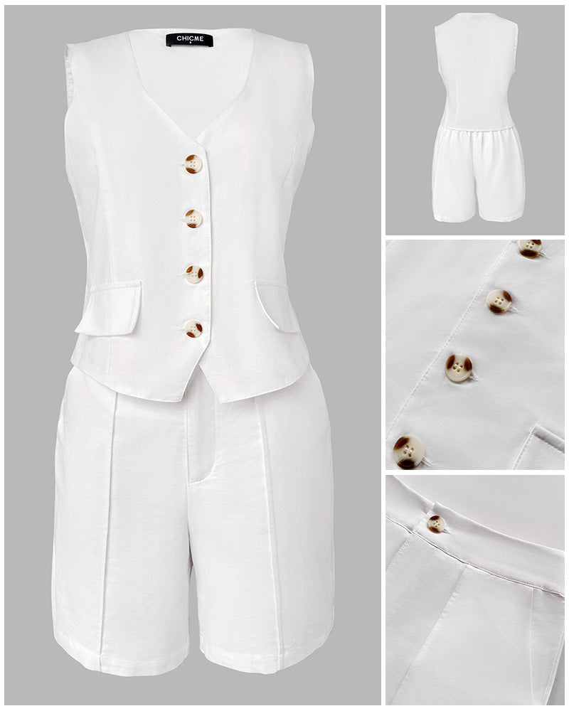 2 Pieces Outfit V Neck Button Front Flap Detail Vest Top and Casual Pockets Design Zipper Fly Elastic Back Waist Shorts Set