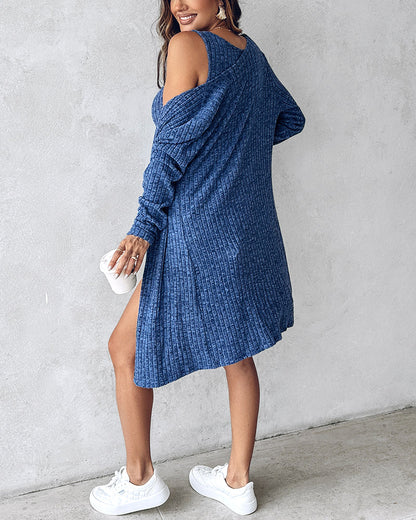 2 Pieces Outfit U-Neck Thick Strap Button Front Slim Fit Ribbed Knit Dress and Casual Long Sleeve Pockets Design Open Front Cardigan Coat Set