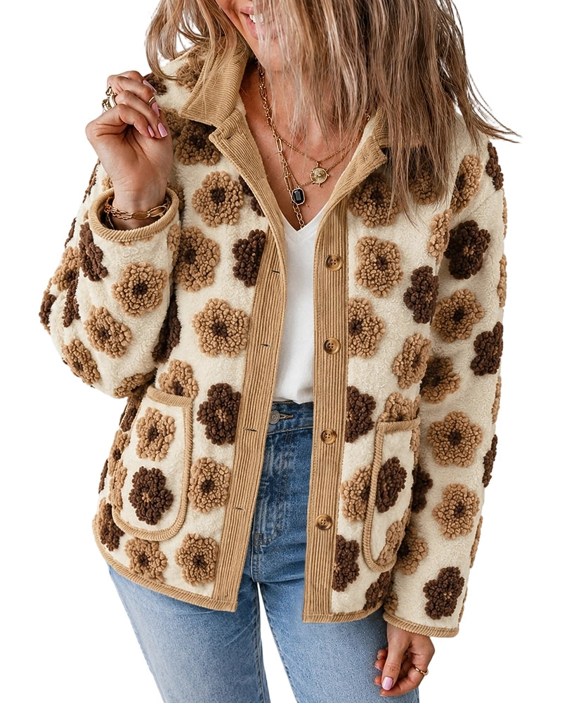 CHICMELIVE Women's Soft Floral Sherpa Jacket Corduroy Button Down Coat