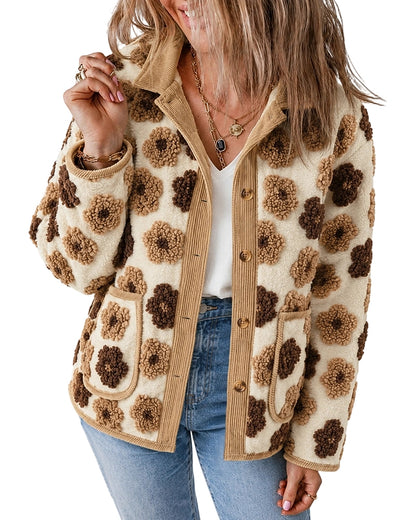 CHICMELIVE Women's Soft Floral Sherpa Jacket Corduroy Button Down Coat