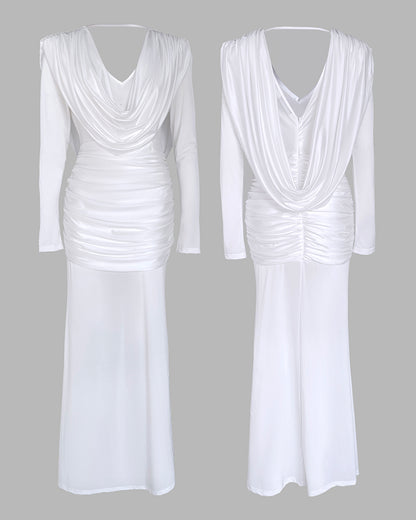 Cowl Neck Ruched Zipper Back Slim Fit Maxi Dress Casual Padded Shoulders Backless Evening Dress