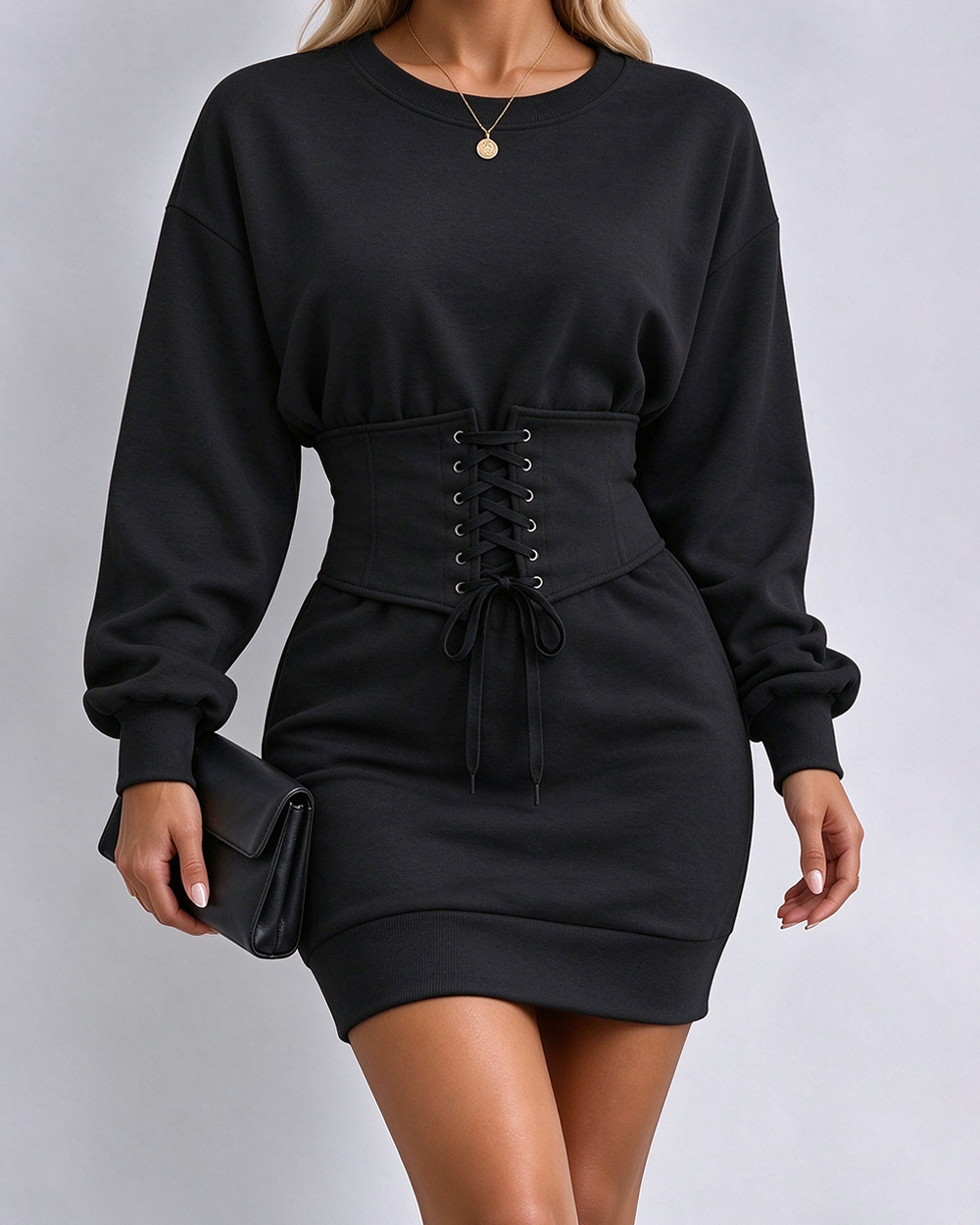 CHICMELIVE Women's Crew Neck Lace-Up Corset Waist Sweatshirt Mini Dress