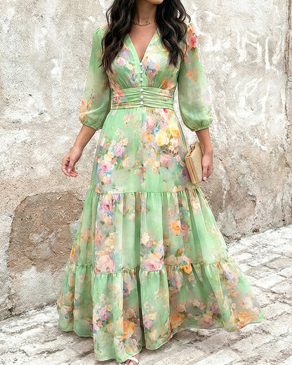 ChicMeLive Women's Watercolor Floral V-Neck Shirred High Waist Maxi Dress Three Quarters Lantern Sleeve A-Line Ruffle Hem Chiffon Vacation Dress
