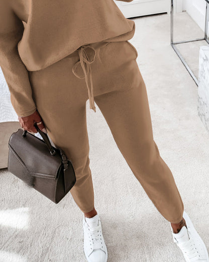 2 Pieces Outfit Long Sleeve Skew Neck Pullover Top and Drawstring Elastic Waist Slim Fit Pants Set
