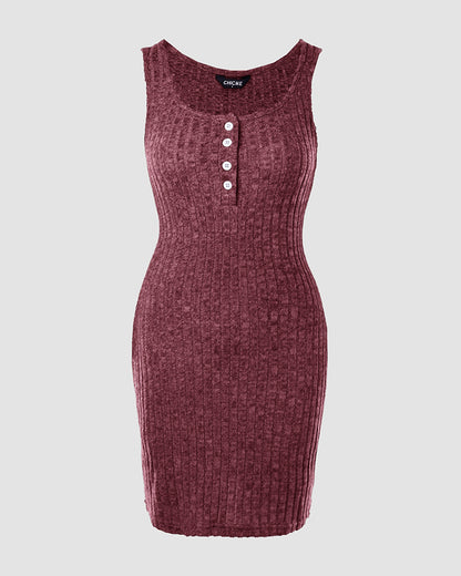 Pocket Design Ribbed Tank Dress Sleeveless Button Front Pullover Bodycon Mini Dresses