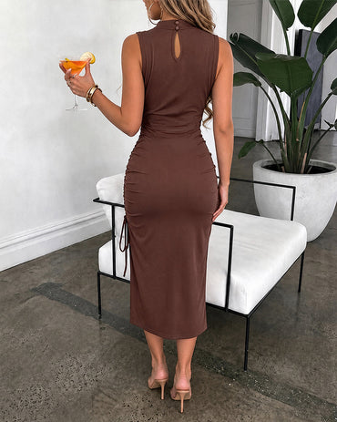 Women's Mock Neck Ruched Midi Dress Sleeveless Side Slit Drawstring Vacation Dress Slim Fit Party Dress