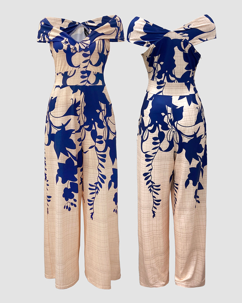 Floral Print Off Shoulder Sleeveless Deep V-Neck Jumpsuit Casual Zipper Side Wide Leg Jumpsuit