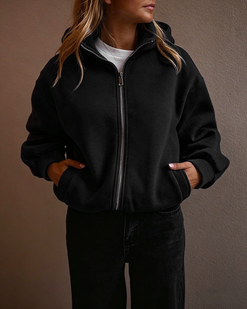 Women's Two-Way Zipper Front Stretchy Hem Coat Stand Collar Drop Shoulder Sweatshirt with Pockets