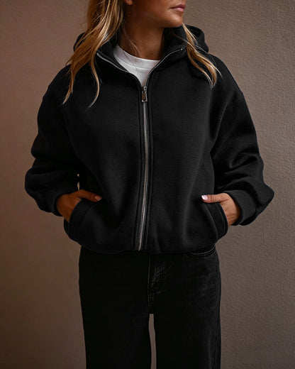 Women's Two-Way Zipper Front Stretchy Hem Coat Stand Collar Drop Shoulder Sweatshirt with Pockets
