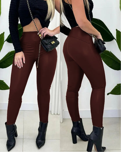 ChicMe CurveEase PU Leather Leggings High Waist Curved Fleece Lined Tights Casual Pants