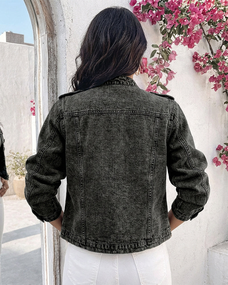 Button Decor Stand Collar Long Sleeve Jacket Casual Denim Coat