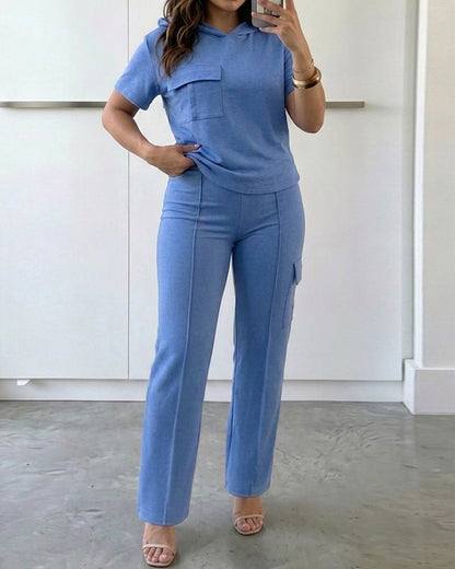 Women's Two Piece Outfits Short Sleeve Hoodie Top and High Waist Cargo Straight Leg Pants Set Casual Lounge Tracksuit