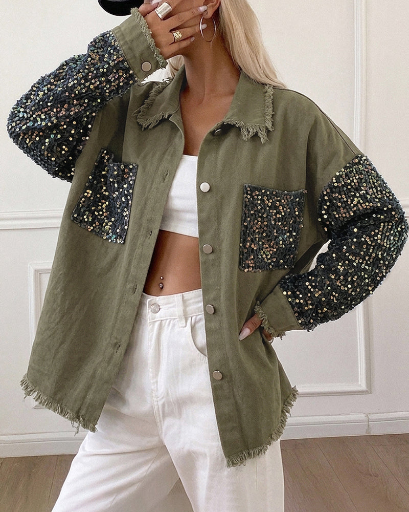 Women's Sequin Patchwork Denim Jacket Raw Hem Button Down Coat Long Sleeve Shacket with Pockets