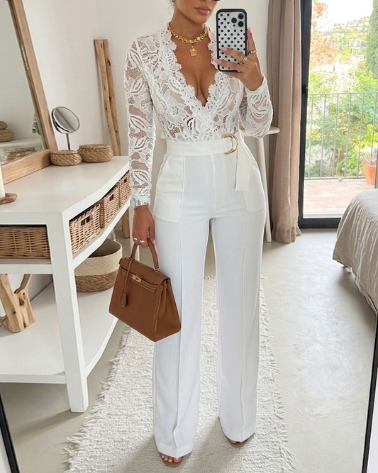 Crochet Lace Trim Deep V-Neck Floral Lace Spliced Ovearalls Casual Zipper Back Seam Front Jumpsuit with Belt