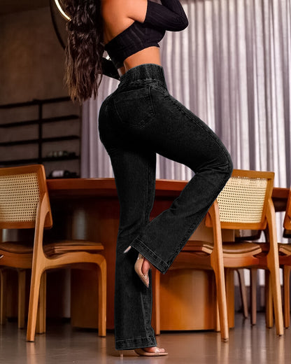 ChicMe CurveEase Back Shirred Button Front High Waist Jeans Skinny Flared Denim Jeggings