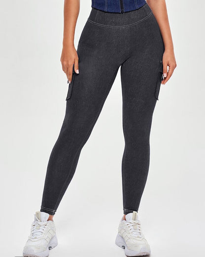 High Waist Tummy Control Butt Lifting Denim Look Leggings Stretchy Yoga Pants with Flap Pockets