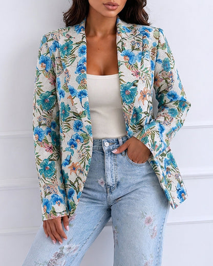 Women's Vintage Floral Jacquard Blazer Elegant Single Breasted Lapel Collar Coat