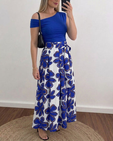 Women's 2 Piece Skirt Set Skew Neck Ruched Slim Fit Top and High Waisted Floral Print A Line Skirt with Pockets