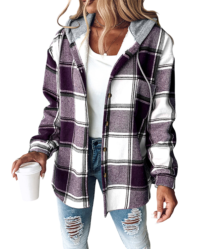 CHICMELIVE Womens Casual Jacket Plaid Hooded Fleece Lined Shacket