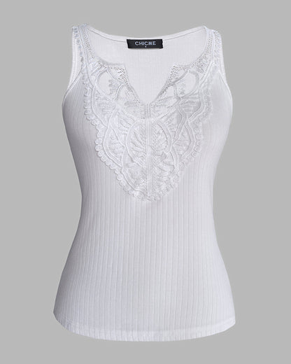 Contrast Lace V Neck Sleeveless Knit Top Casual Slim Fit Tank