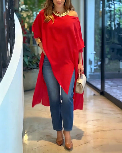 Women's Skew Neck Batwing Sleeve Tee Asymmetric Loose Cape Blouse Slit Elegant Top