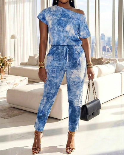 Women's Denim Look Print Skew Neck Jumpsuit Short Sleeve Drawstring Waist Slim Fit Overalls