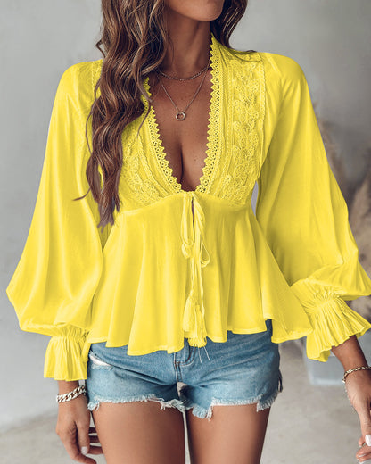 Butterfly Pattern Decor Deep V Neck Long Sleeve Blouse Casual Tie Front Flared Cuffs Lace Trim A-Line Hem Top