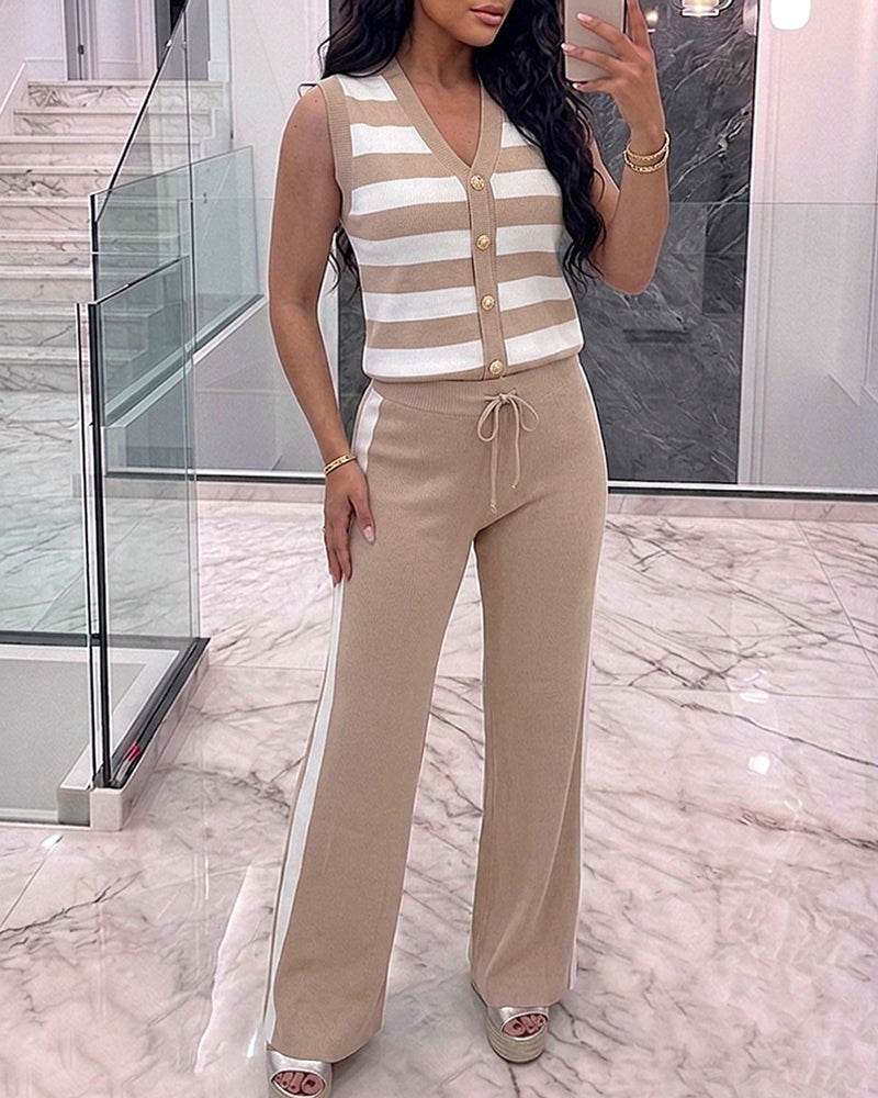 Women's 2 Piece Knit Outfits Striped V Neck Sleeveless Top and Side Stripe Straight Leg Pants Set Casual Loungewear
