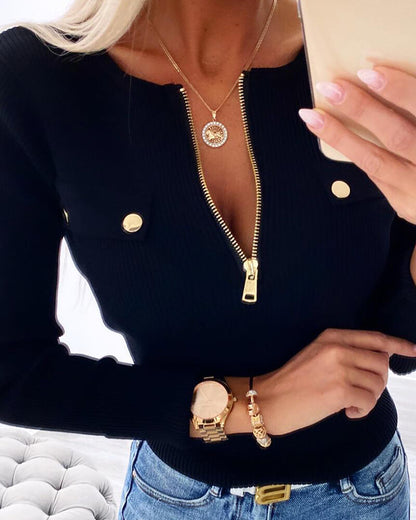 Crewneck Half Zipper Flap Detail Knit Sweater Long Sleeve Slim Fit Ribbed Pullover Top
