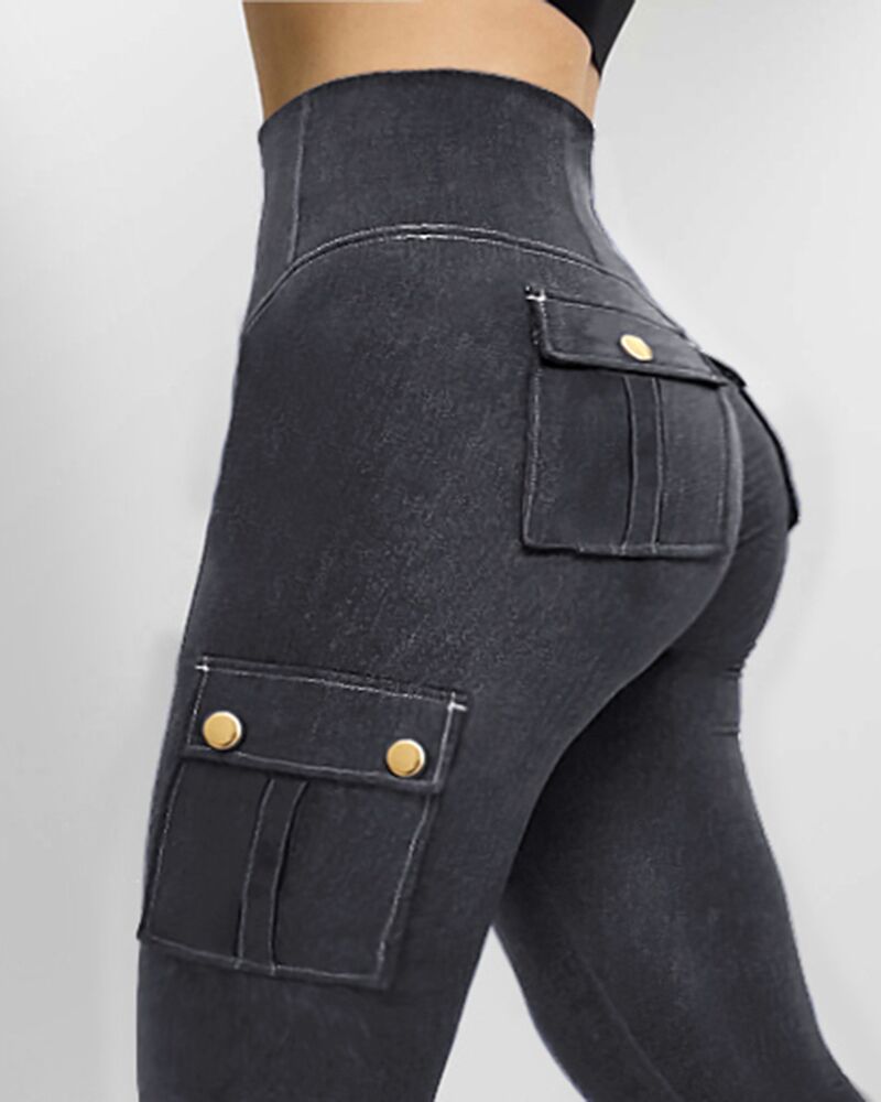 High Waist Tummy Control Butt Lifting Denim Look Leggings Stretchy Yoga Pants with Flap Pockets