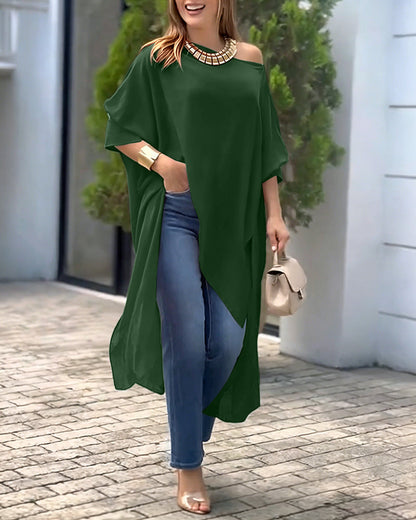 Women's Skew Neck Batwing Sleeve Tee Asymmetric Loose Cape Blouse Slit Elegant Top