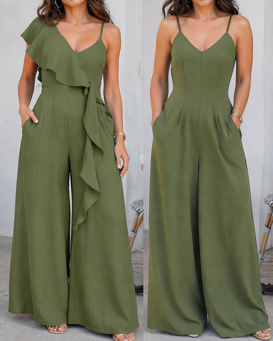 V-Neck Adjustable Spaghetti Straps Backless Overalls Casual Zipper Back Wide Leg Jumpsuit with Convertible Ruffles Tie Panel