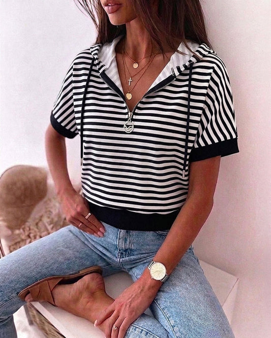 Women's Striped Half Zip Drawstring Hoodie Short Sleeve Sweatshirt Loose Contrast Trim Casual Pullover Top