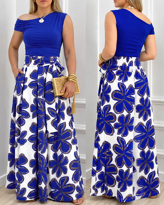 Women's 2 Piece Skirt Set Skew Neck Ruched Slim Fit Top and High Waisted Floral Print A Line Skirt with Pockets