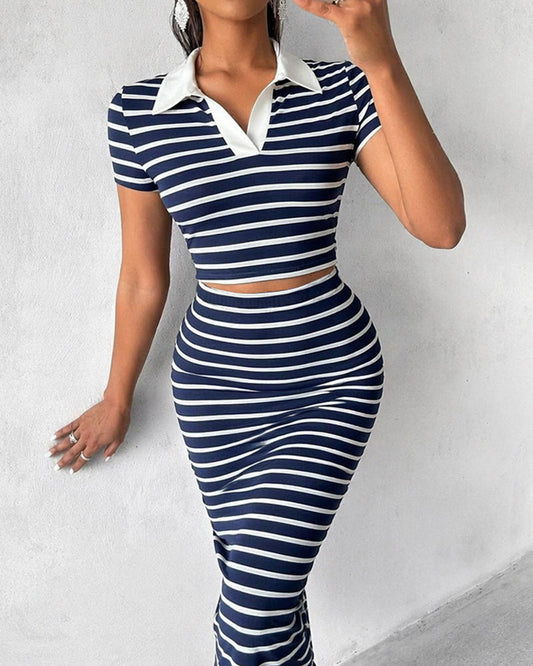 Women's Striped 2 Piece Knit Outfits Crop Polo Top and High Waisted Maxi Skirt Set Casual Matching Set