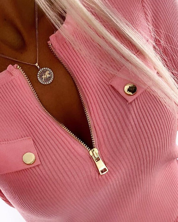 Crewneck Half Zipper Flap Detail Knit Sweater Long Sleeve Slim Fit Ribbed Pullover Top