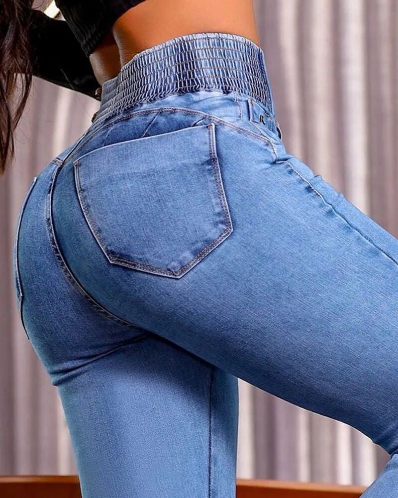 ChicMe CurveEase Back Shirred Button Front High Waist Jeans Skinny Flared Denim Jeggings