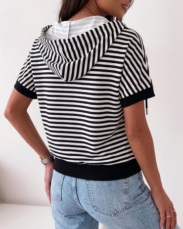 Women's Striped Half Zip Drawstring Hoodie Short Sleeve Sweatshirt Loose Contrast Trim Casual Pullover Top