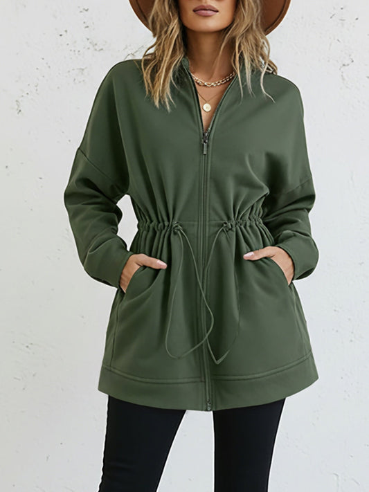 Long Sleeve Waist Drawstring Hooded Coat Casual Loose Fit Cardigan Jacket with Pockets